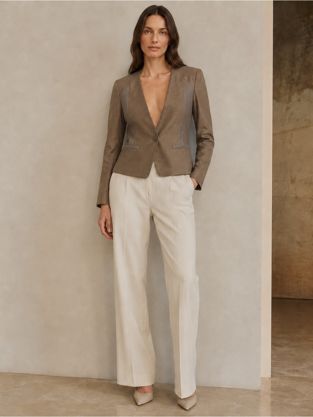 Judith & Charles Linen Blend Collarless Tailored Blazer Taupe Size 6 Made Canada